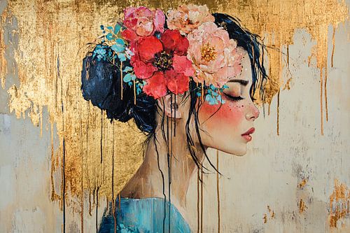 Femme avec des fleurs et de l'or