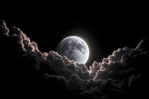 Heldere maan schijnt door donkere wolken
