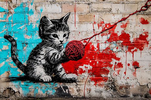 Kat speelt met bol wol