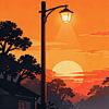 ANIME Sonnenuntergang Straßenlaterne – Goldene Dämmerung Silhouette Retro Ghibli Himmel von Minggu Galeri