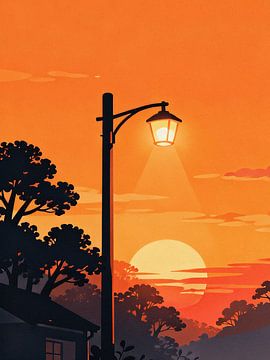 ANIME Lampadaire au coucher du soleil - Silhouette dorée au crépuscule Ciel rétro Ghibli