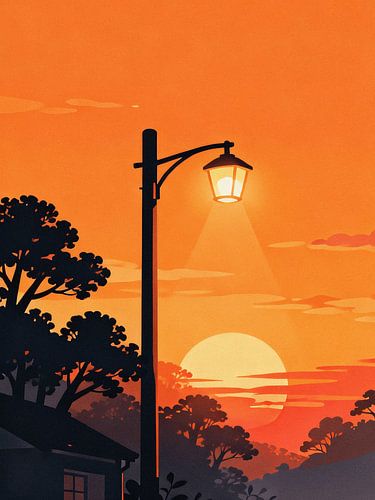 ANIME Sunset Streetlamp - Gouden schemering silhouet Retro Ghibli Sky