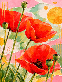 Botanische Mixed-Media-Kunst: Mohnblumen in fröhlichen Farben von Studio Pieternel