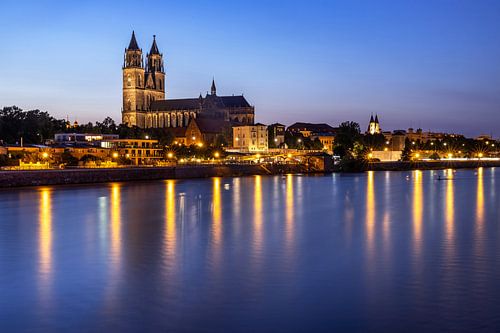 Magdeburg skyline at blue hour