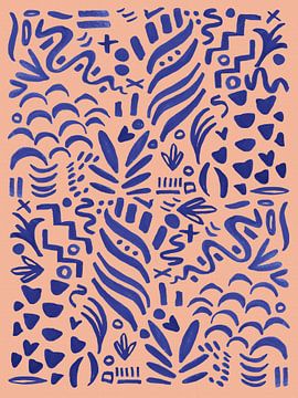 Crazy lines, abstracte scribble kunst, peach pink met blauw van Mijke Konijn