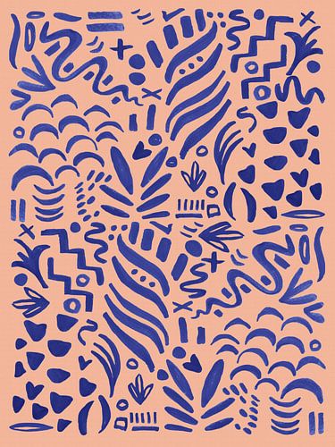 Crazy lines, abstracte scribble kunst, peach pink met blauw