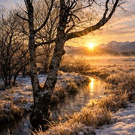 Matin d'hiver plein d'ambiance dans le MurnauerMoos en Haute-Bavière. sur Christina Bauer Photos