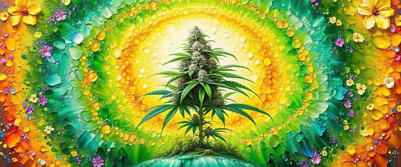 Cannabisplant in bloei en kleurenpracht: de hennepplant als hart van de zon in de florale kosmos van AidasignArt