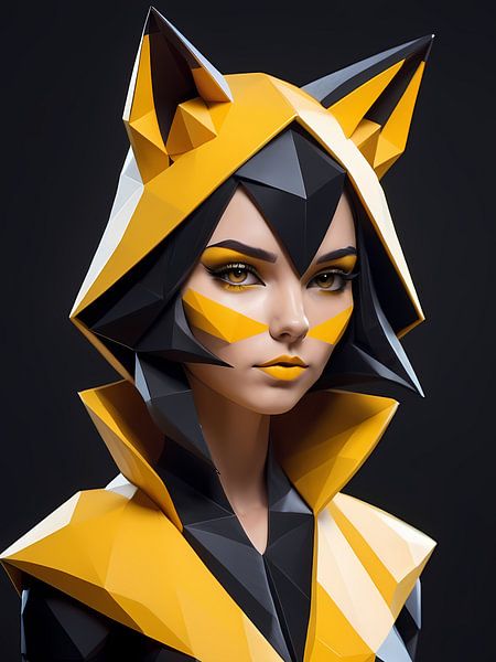 Low poly floral fox girl, black and yellow by 1xMerch