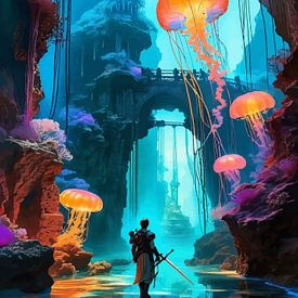 Warrior and Otherworldy Landscape with Jellyfish by MIROKKU
