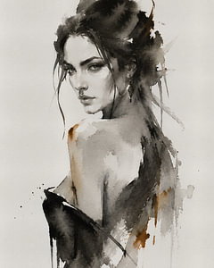 Ink Muse XIX Abstraktes Frauenporträt in Ostindischer Tinte und Aquarell