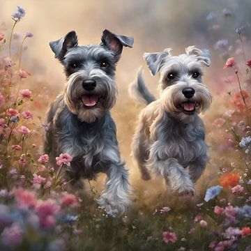 Schnauzer miniature jouant dans un champ de fleurs sur Johanna's Art