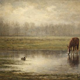 Paard en eend in overstroomde weide van Geert Van Baelen