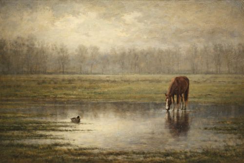 Pferd und Ente auf überschwemmter Weide