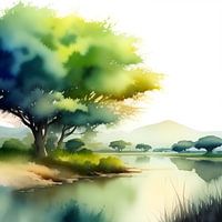 Landschap met bomen aan een meer