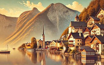Vintage Hallstatt Poster, Austria by Chromatic Fusion Studio
