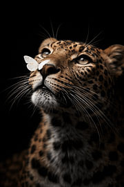 Silent Encounter – Luipaard met Witte Vlinder – Indrukwekkend Wildlife Portret – Luxe Dieren Wanddecoratie