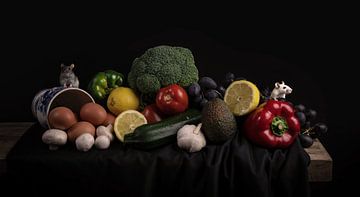 Still life with vegetables, fruit and mice