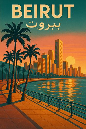 Beirut Lebanon Corniche Travel Poster – Modern Skyline & Palm Trees Art