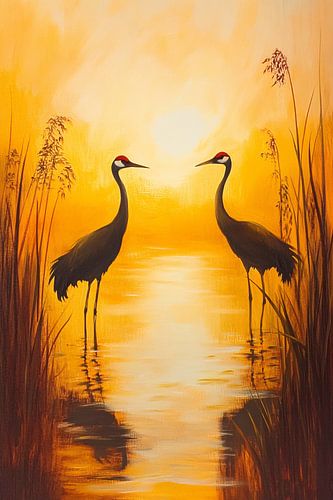 Twee kraanvogels bij zonsondergang