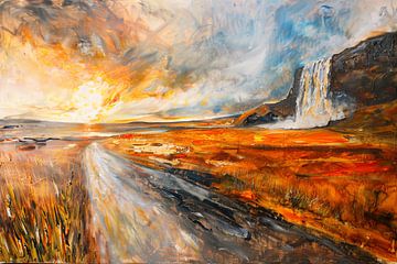 Impressionistische waterval bij zonsondergang schilderij van Art & Soul Creations