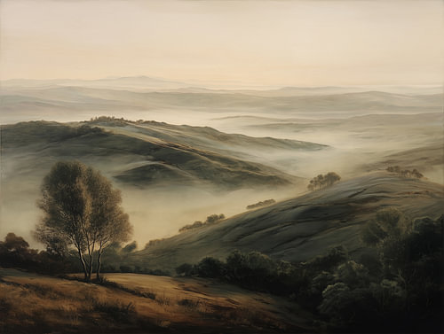 Matinée dans les collines | Paysage serein entre verdure et sable