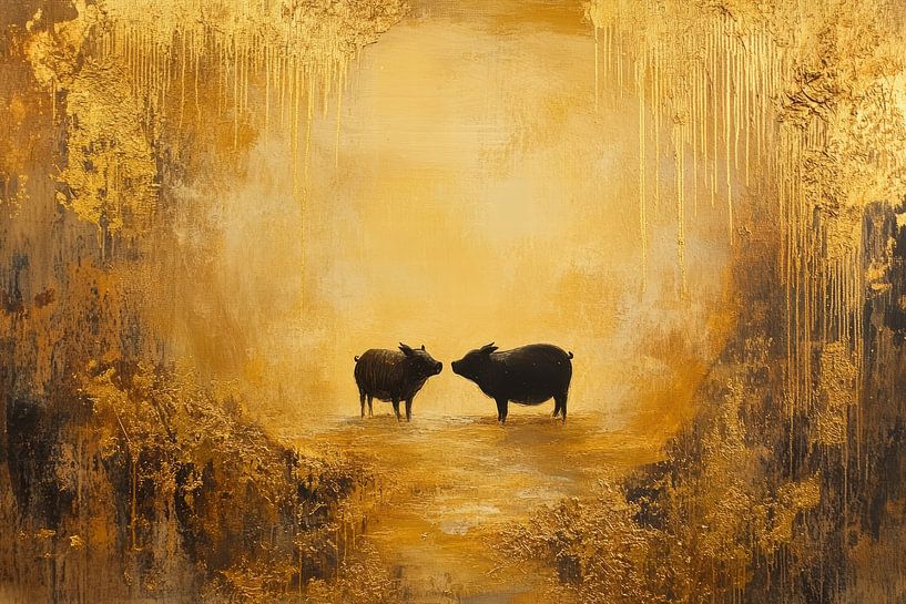Black pig painting with golden nature details by Digitale Schilderijen