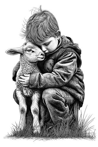 Jongen die een lam knuffelt Teder moment Lijntekening