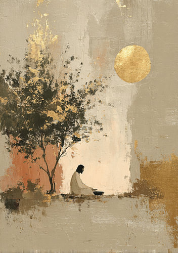 Jesus under a tree with a golden sun