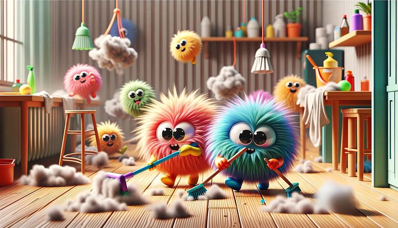 Flauschiges Putzteam wirbelt Staub im Sonnenschein von artefacti