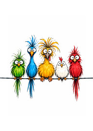 Quirky, colourful birds on a perch by HyggeHavn