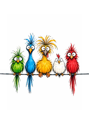 Quirky, colourful birds on a perch