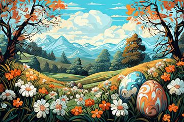 Vintage Frohe Ostern Illustration Hintergrund mit Ostereiern in einer Frühlingslandschaft von Animaflora PicsStock