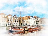 Watercolour painting of the Rouaansekaai in Middelburg, Zeeland