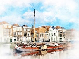 Watercolour painting of the Rouaansekaai in Middelburg, Zeeland by Danny de Klerk