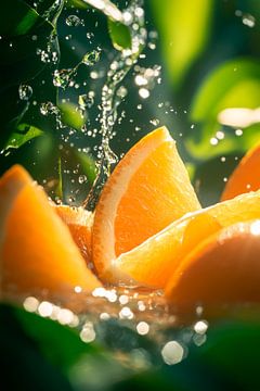 Frische Orangenscheiben im Spritzwasser von Poster Art Shop