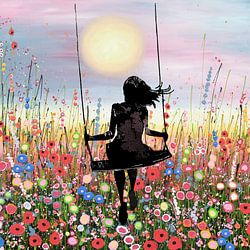 Endless summer - mixed media bloemenveld en meisje op schommel