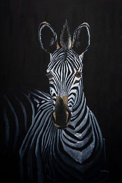 Zebra op donkere achtergrond in olieverf van Cynthia Verbruggen