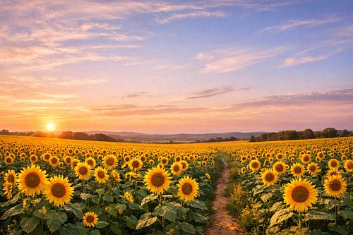 Weg durch das Sonnenblumenfeld – Goldener Sommerhimmel bei Sonnenuntergang