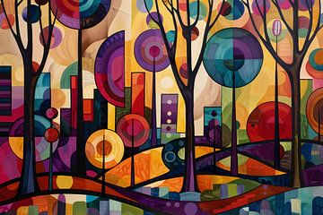 Kleurrijke Abstracte Stadsbomen in Dynamiek van De Muurdecoratie