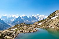 View of blue lake and Mont Blanc in the background