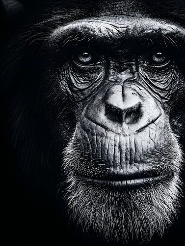 Chimpansee - Peinzende blik en stille aanwezigheid in zwart-wit