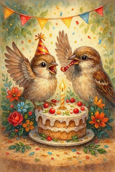 Feiern Sie Ihren Geburtstag mit Spatzen und einem Kuchen von Jolanda de Jong-Jansen
