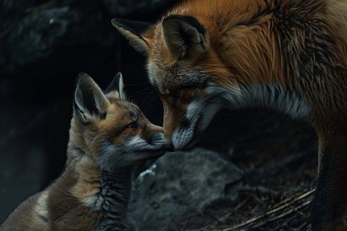 Intiem moment tussen twee vossen