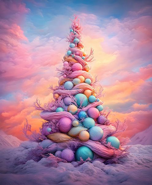 Colourful artificial Christmas tree by But First Framing