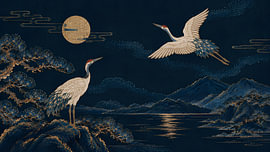 Des grues dorées sous la pleine lune, au-dessus d'un lac de montagne à minuit sur my pixel art