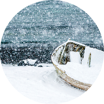 Scheepswrak op Antarctica in de sneeuw. van Ron van der Stappen