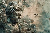 Serene Boeddha met bloesems in sepia tonen van Art & Soul Creations thumbnail