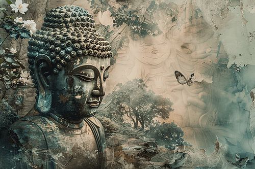 Serene Boeddha met bloesems in sepia tonen