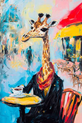 Giraffe im Café mit Kaffee